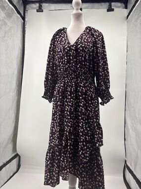 Maison Tara Black Long Sleeve Midi Dress with Pink & Cream Polka Dots